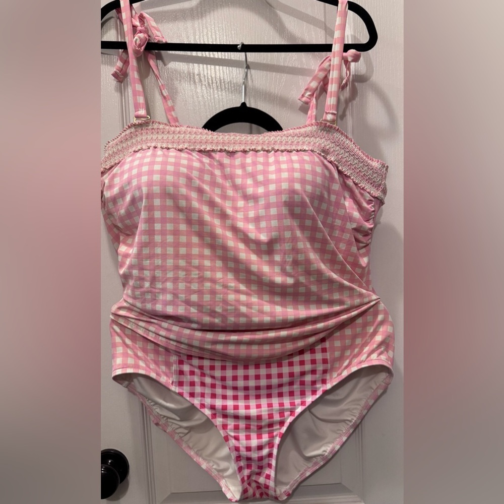 Draper James Pink and White Gingham Swimwear with Square Neckline